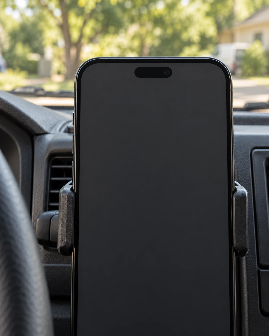 A phone secured in a dashboard mount inside a parked service van.