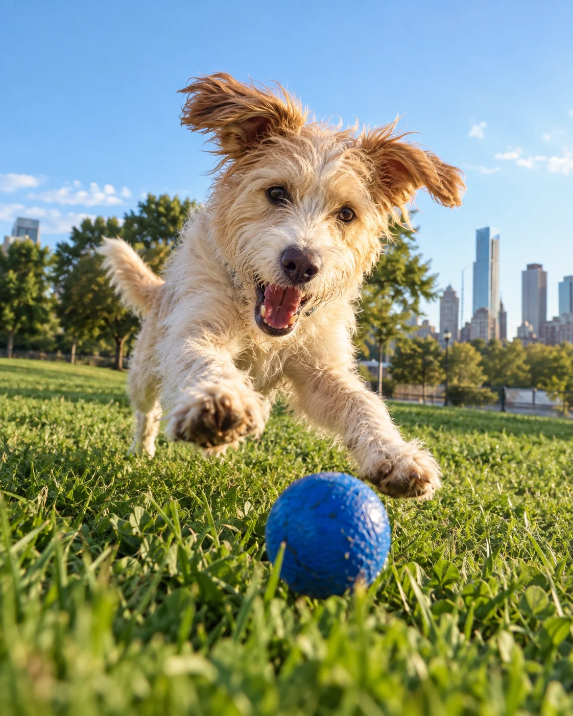 A terrier leaping across a sunny park lawn to catch a blue ball.