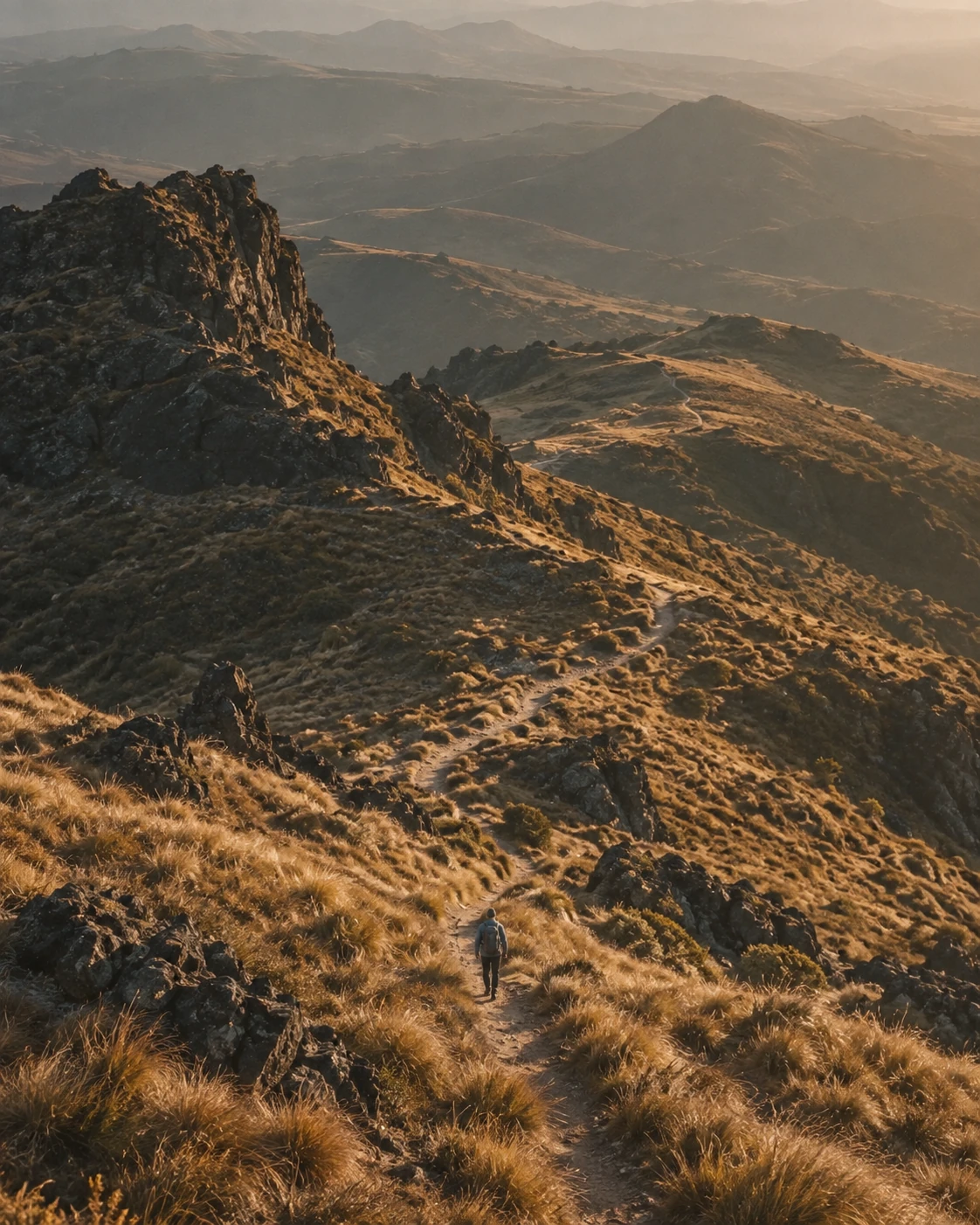 A lone hiker on a winding trail through golden grasses and hazy, rugged uplands.